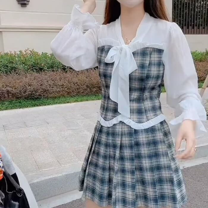 量産型/参戦服/推し活 ボウタイブラウスチェックタイトワンピース