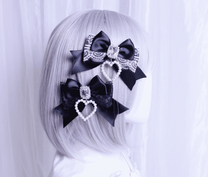 量産型/参戦服/推し活 ハートチャームパールリボンヘアリボン